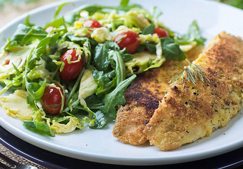 Almond-crusted trout with shaved brussels sprout salad