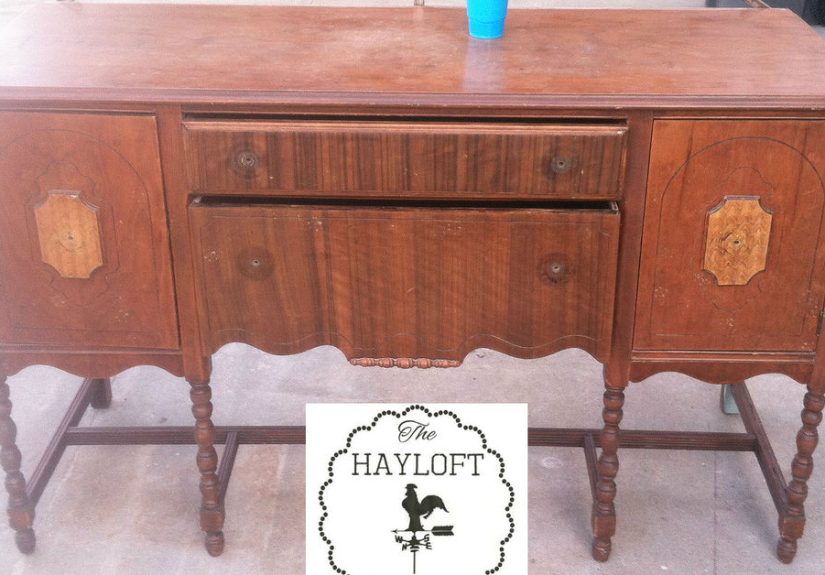 Chevron Stained Buffet With the Cutest Burlap Bow Pulls